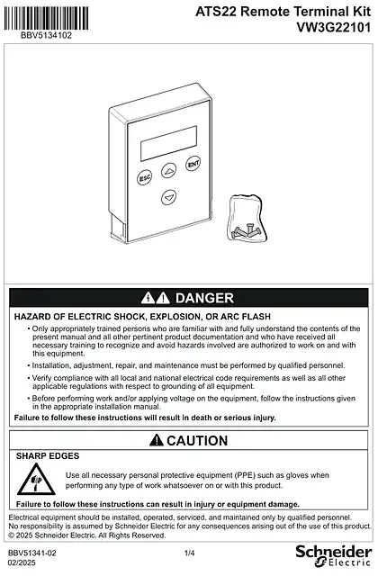 schneider施耐德Instruction sheet - ATS22 terminal IP54 - VW3G22101